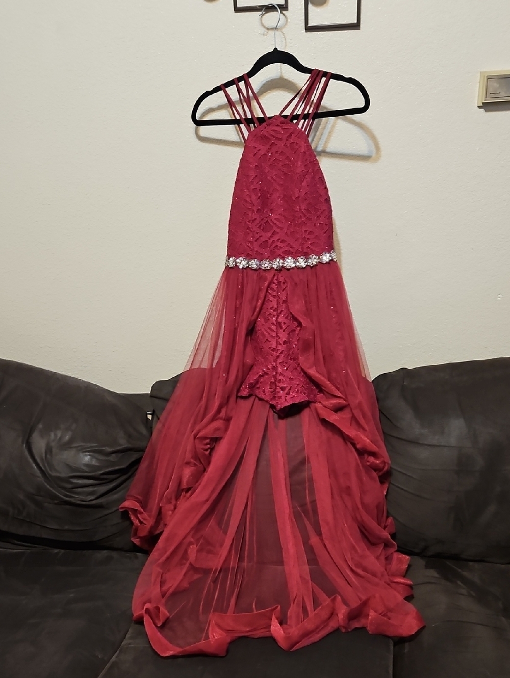 Speechless Red Lace & Tulle High-Low Jumpsuit with Jeweled Waist